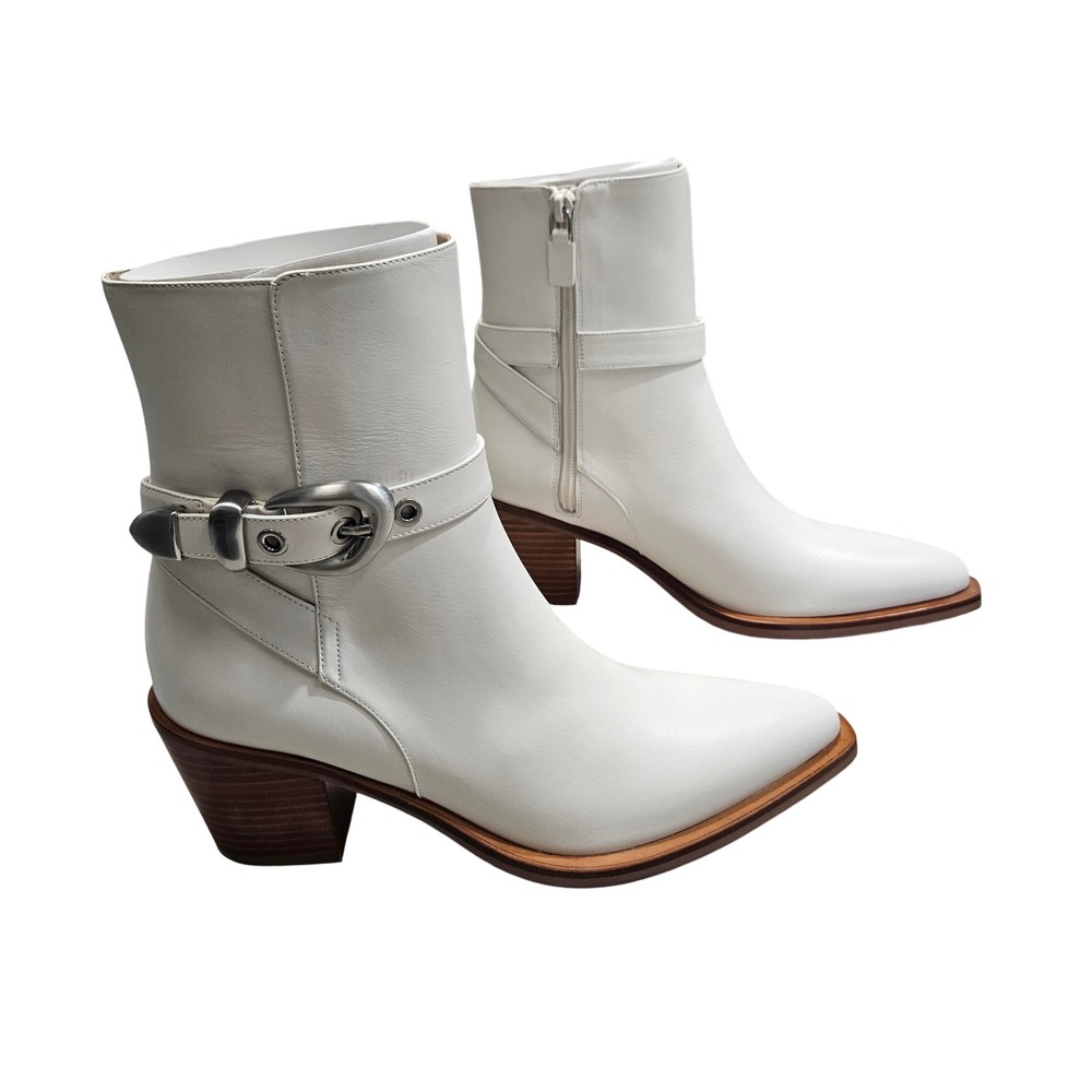 Stuart‎ Weitzman Maven Western Bootie Womens 9 Cream Leather Buckle Ankle Boots